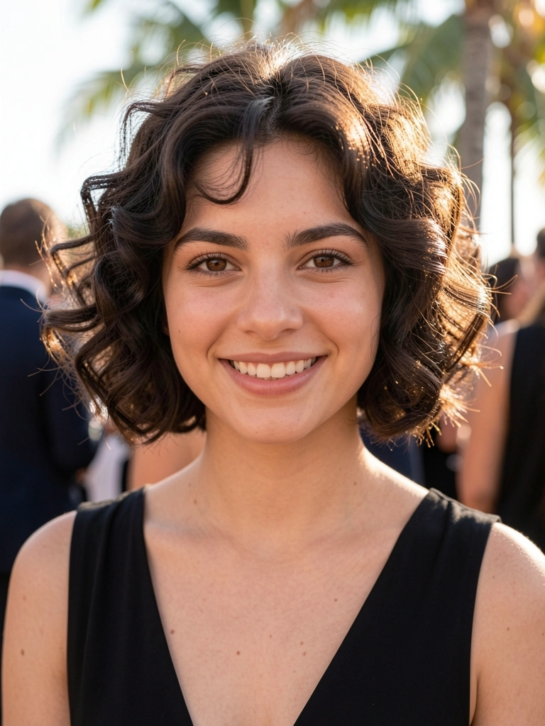 Jovem com cabelo cacheado curto e escuro, vestido preto, sorriso genuíno, iluminação natural suave, fundo desfocado de evento.