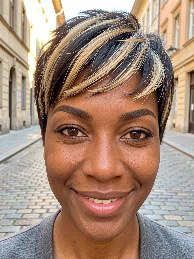 Black mulher com cabelo pixie cut loiro, sorriso espontâneo, fundo de rua de paralelepípedos e luz solar suave.