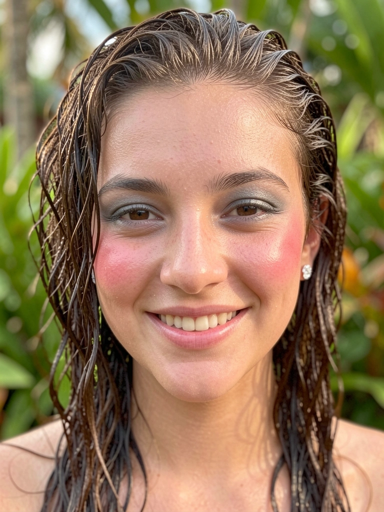 Jovem de cabelo molhado e bagunçado, brincos de diamante, sorriso genuíno, fundo de jardim desfocado e luz difusa.