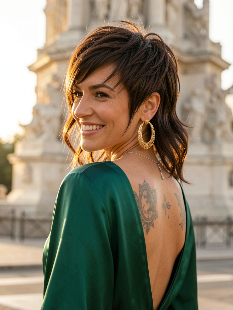Mulher com cabelo pixie castanho escuro, vestido verde esmeralda de seda e brincos grandes dourados, monumento parisiense ao fundo banhado por luz dourada.