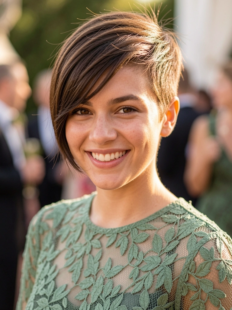 Jovem com corte pixie curto e franja lateral, blusa de renda verde com estampa floral, sorriso espontâneo sob luz natural, fundo desfocado de evento.