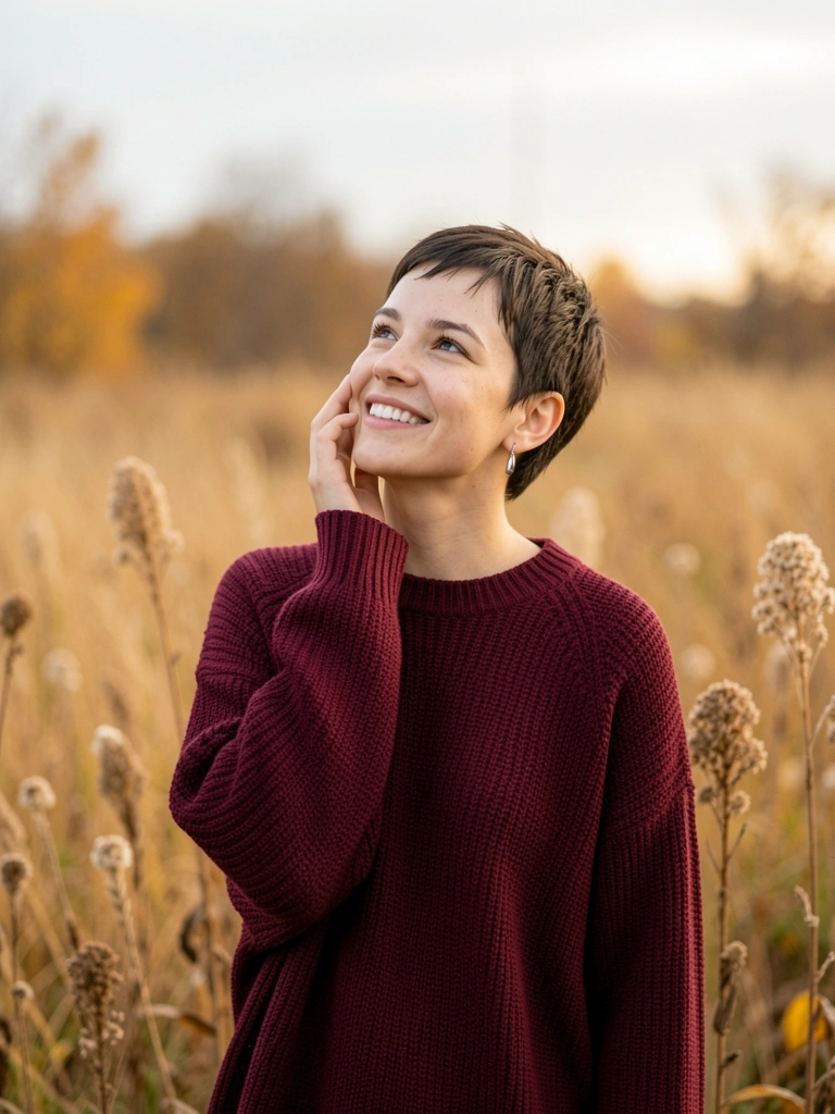 Mulher jovem com cabelo pixie cut loiro, suéter bordô enorme e brincos de prata, mão erguida ao rosto em campo de capim seco, luz suave de outono.