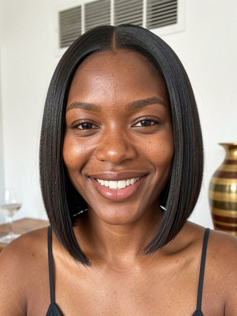 Jovem negra com corte blunt reto e brilhante, sorriso natural, pele com textura visível, luz difusa suave.