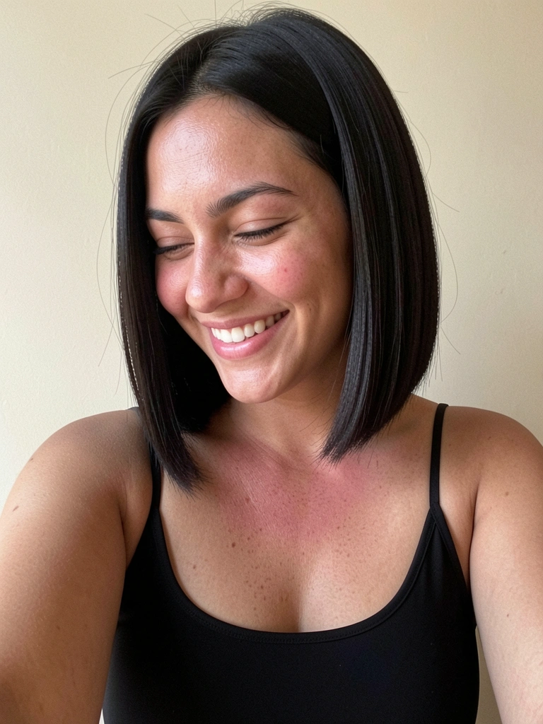 Jovem brasileira de cabelo preto reto na altura do queixo, blusa preta de alça, sorriso natural com olho fechado, fundo bege claro.