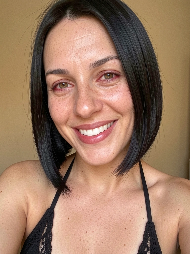 Mulher brasileira de cabelo preto reto na altura do queixo, sorriso natural, pele com textura realista e iluminação suave de janela.