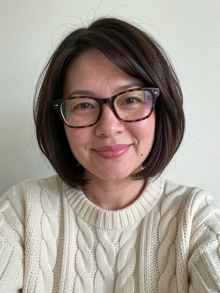 Mulher de cabelo castanho escuro em corte reto curto, óculos tartaruga e sorriso natural.