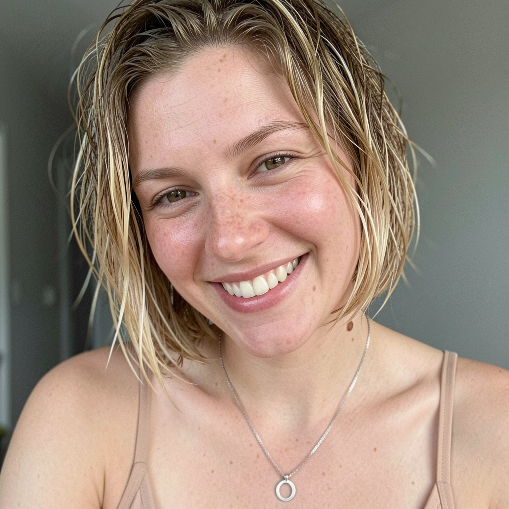 Mulher de cabelo curto reto loiro acobreado, pele clara com sardas, sorriso natural com luz suave de janela.