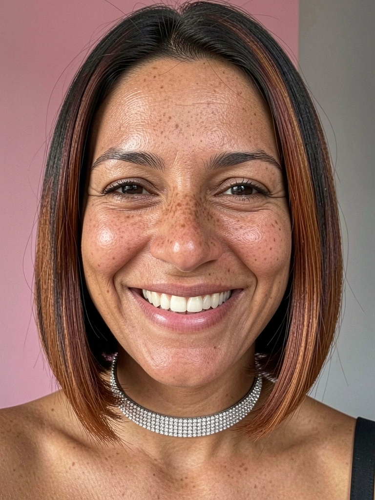 Mulher brasileira de cabelo castanho escuro reto na altura do queixo, sorriso natural, colar de prata com diamantes, luz suave de janela.