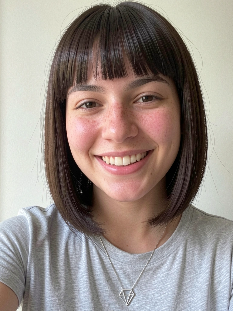Jovem de franja reta e cabelo castanho escuro, sorriso genuíno, luz natural lateral.