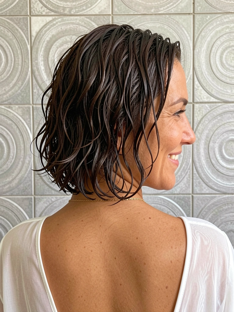 Mulher de costas com cabelo curto cacheado, blusa branca transparente e colar dourado, parede de azulejos cinza com padrão circular.
