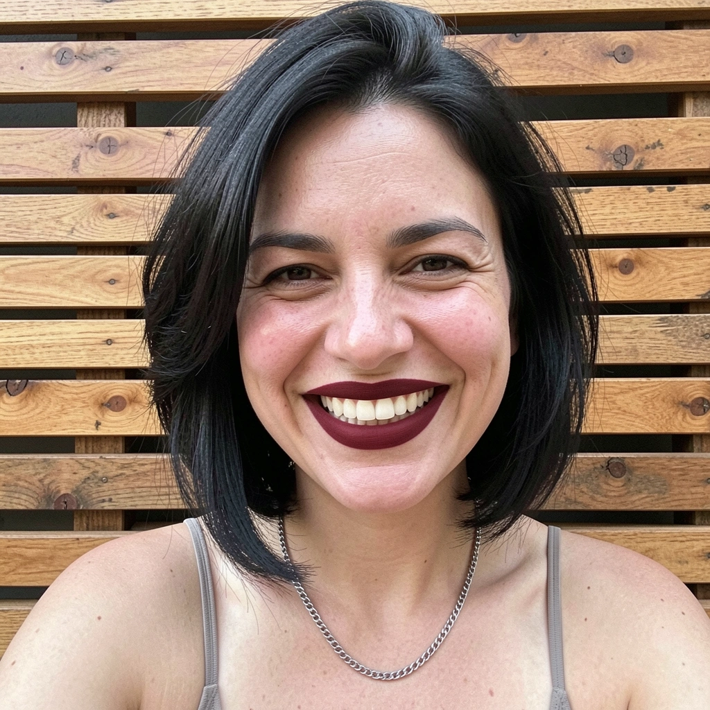 Mulher brasileira de cabelo curto reto assimétrico, sorriso natural, pele clara, batom vermelho escuro, fundo de parede de madeira.