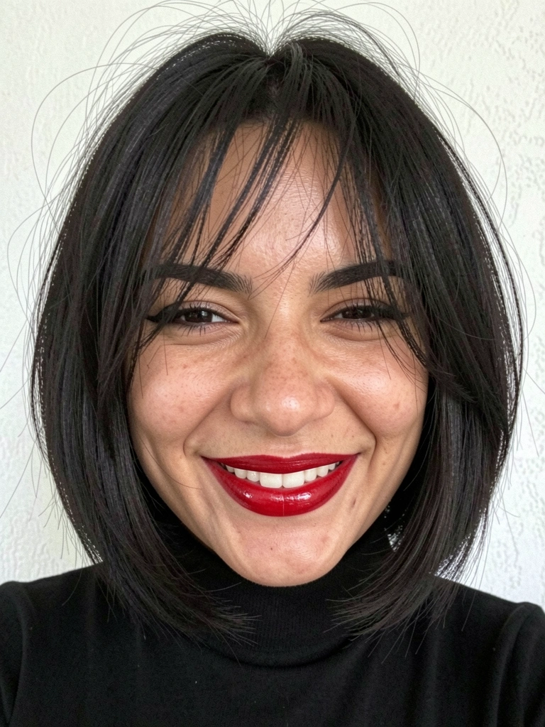 Jovem de cabelo escuro repicado reto, sorriso natural, batom vermelho e gola preta.