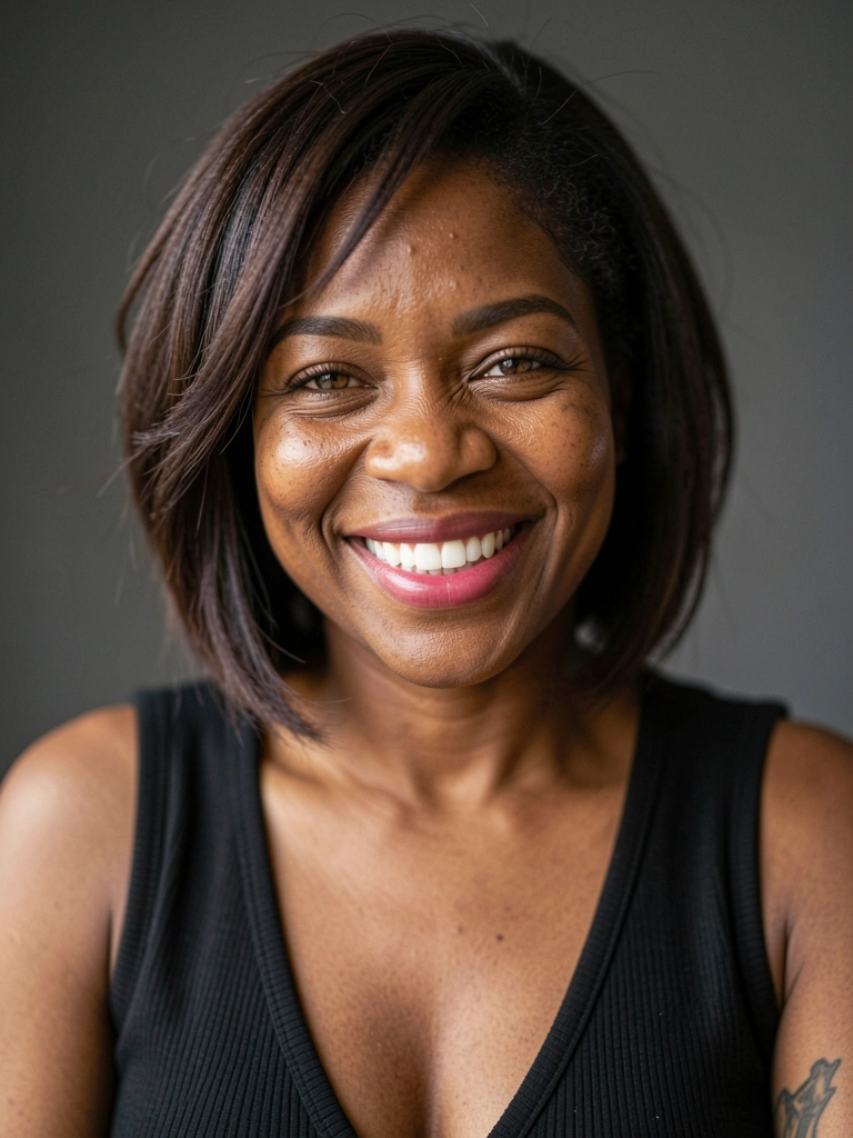 Mulher negra sorrindo com pele morena, cabelo curto reto assimétrico, olhos castanhos e blusa preta decotada.