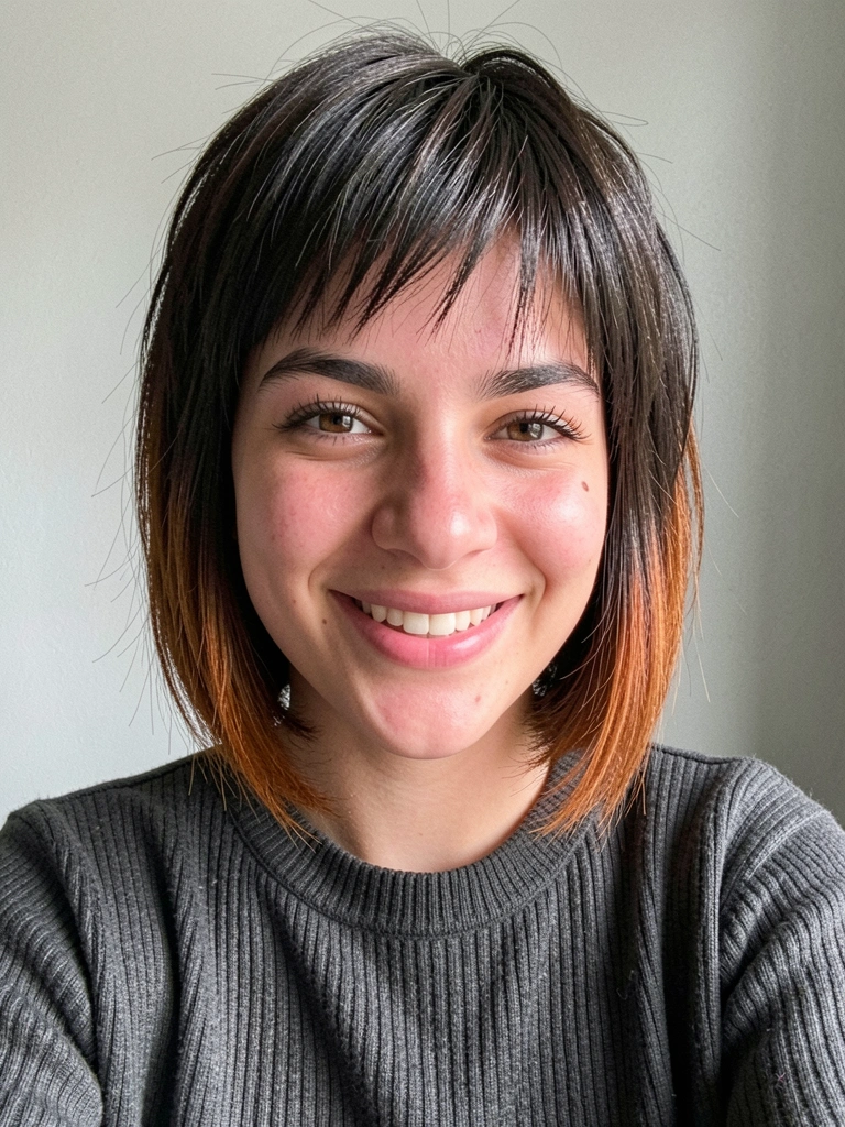 Jovem de cabelo curto reto castanho escuro, sorriso natural, suéter cinza, luz lateral suave.