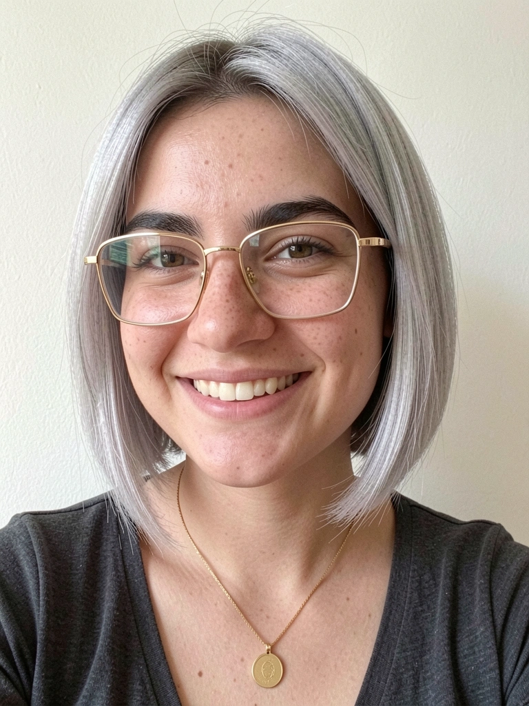 Mulher jovem de cabelo curto reto grisalho, óculos de aro dourado e sorriso natural com luz lateral suave.