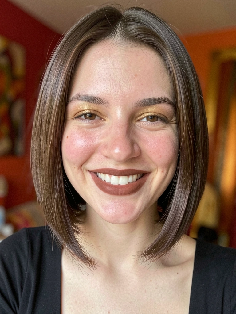 Jovem de cabelo castanho escuro em corte reto na altura do queixo, sorriso natural, pele com textura realista e fundo desfocado em tons quentes.