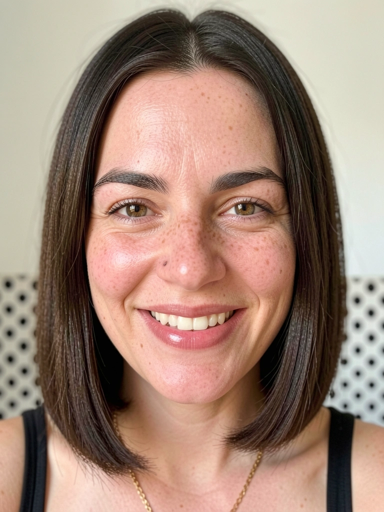 Mulher brasileira de rosto oval, cabelo castanho escuro em corte blunt cut, pele clara com sardas e olhos castanhos.