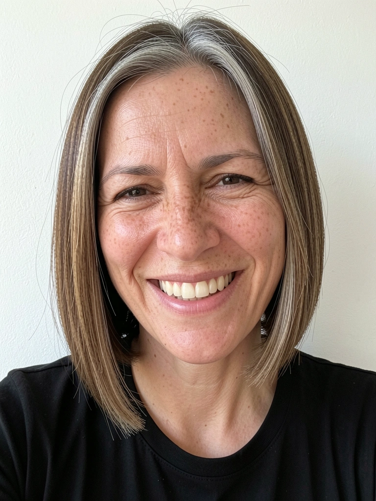 Mulher brasileira de rosto alongado, sorriso genuíno, cabelo curto reto castanho com fios grisalhos, pele com sardas e textura realista.