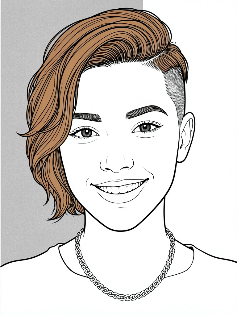 Rosto feminino com corte curto sidecut, cabelos castanhos e ondas naturais, colar de prata e sorriso espontâneo sob luz natural.