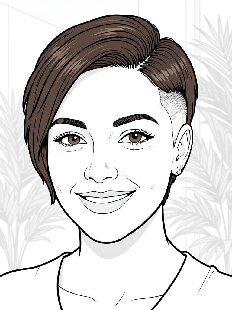 Close-up de uma mulher com cabelo curto sidecut, shaved line na têmpora, sorriso genuíno e brincos delicados, iluminada por luz solar difusa, fundo desfocado com folhagens tropicais.