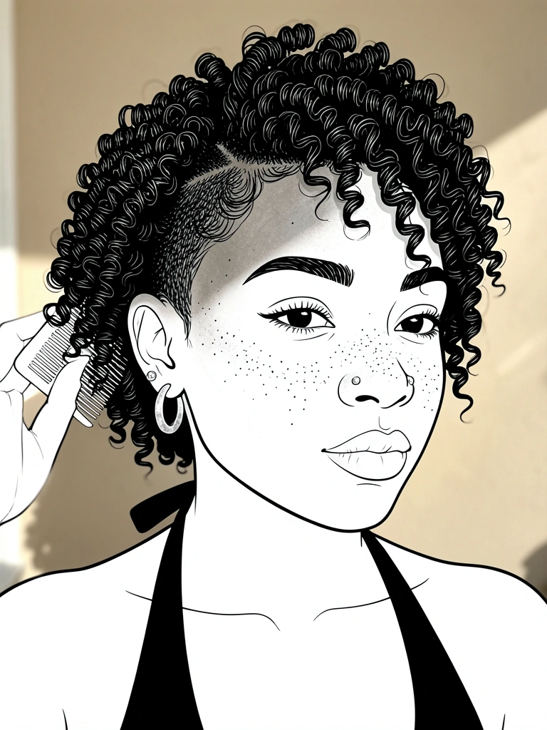 Close-up de jovem negra com cabelo crespo em sidecut texturizado, brincos de argola prateados e luz natural suave, fundo neutro desfocado.