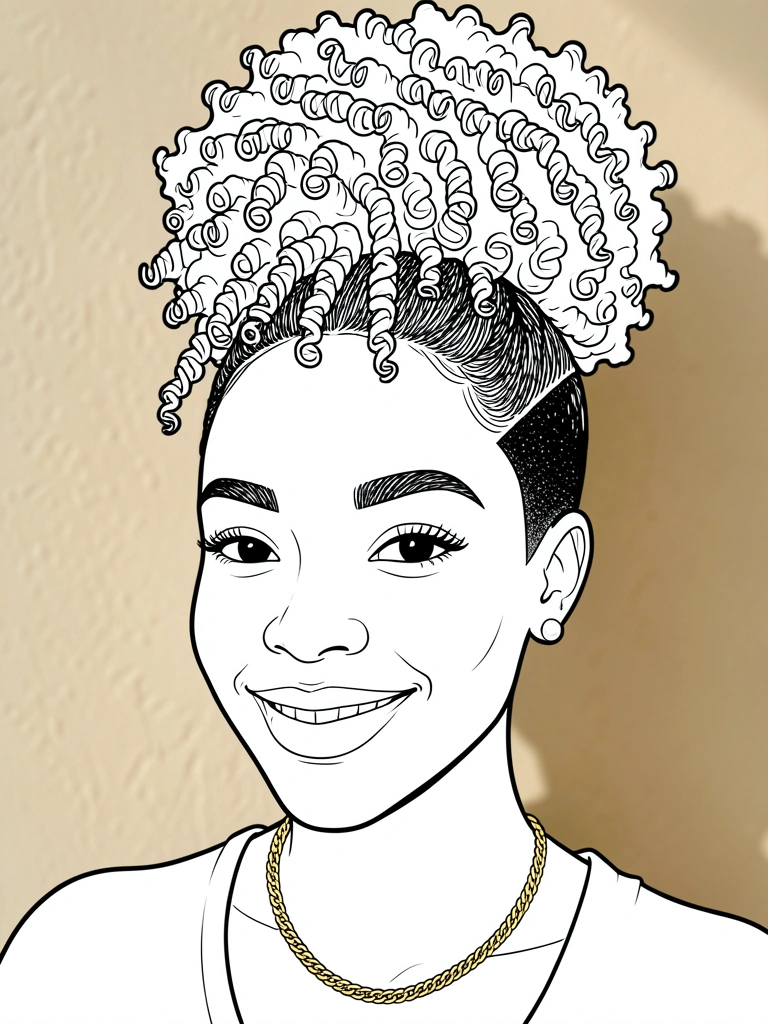 Jovem negra com cabelo afro em updo alto e sidecut raspado, colar de ouro e brincos de pérola, luz natural suave.