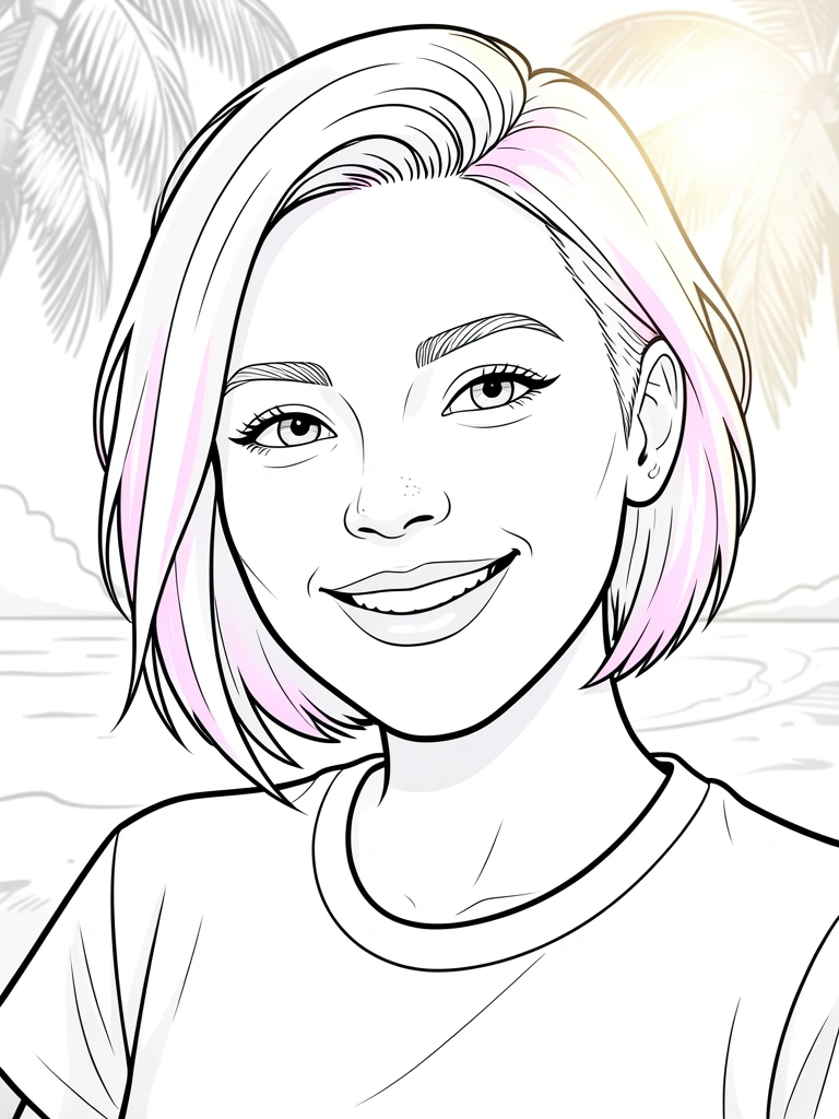 Retrato de mulher jovem com cabelo curto e sidecut, sorriso espontâneo, iluminação natural suave e fundo desfocado.
