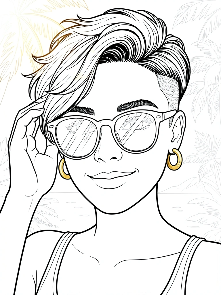 Jovem com corte curto e sidecut, brincos argola dourados e óculos espelhados, tocando o cabelo com sorriso suave, luz natural quente ao fundo.