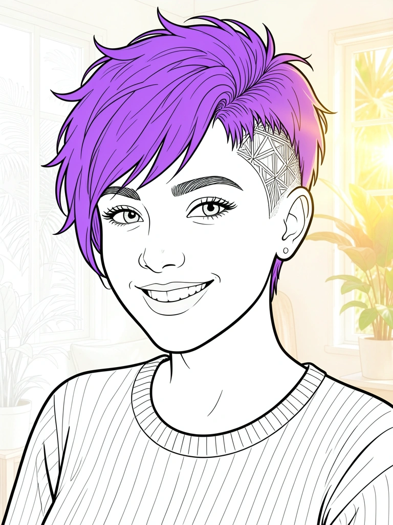 Mulher de cabelo roxo curto com sidecut geométrico, sorriso natural, fundo claro e luz natural.