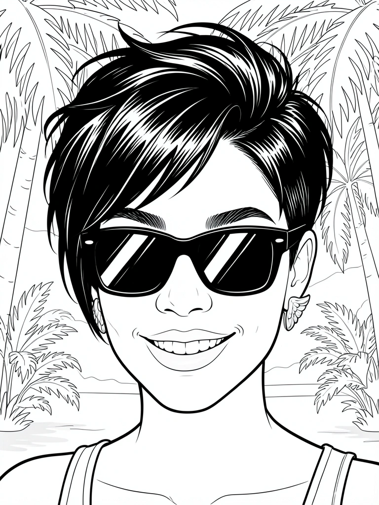 Jovem com cabelo curto sidecut em updo volumoso, óculos escuros e brincos de prata, luz filtrada por palmeiras.