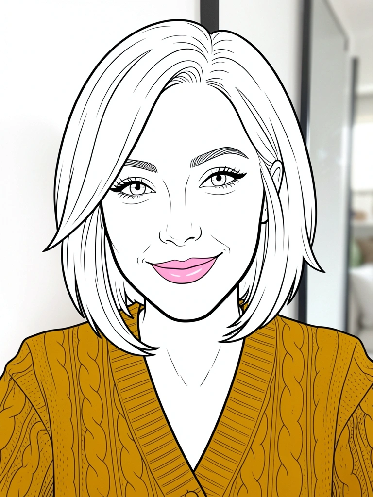 Close-up de uma mulher de cabelo platinado curto com sidecut, sorrindo, usando cardigã mostarda de tricô, luz natural suave.