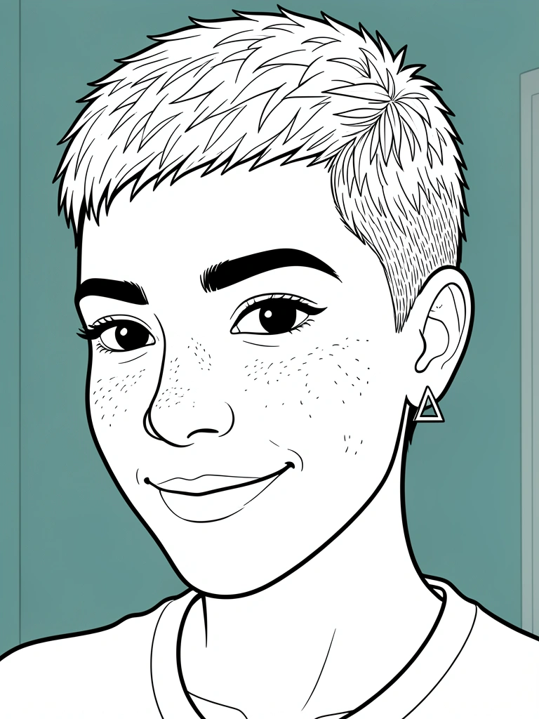 Jovem com cabelo curto e sidecut, sorriso sutil e brinco triangular, fundo teal desfocado.