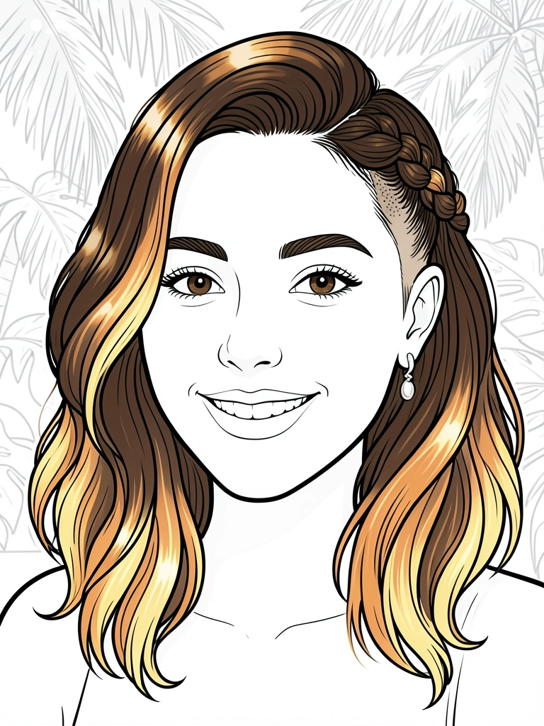 Jovem com cabelo castanho escuro ondulado, corte curto feminino sidecut, trança lateral, brinco de prata e sorriso em fundo desfocado com luz natural.