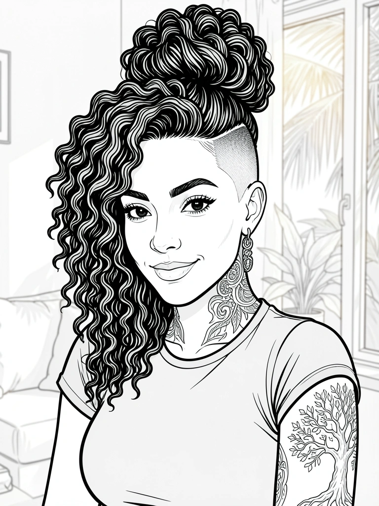 Retrato feminino com cabelo cacheado volumoso, topete alto e lateral raspada, tatuagens no pescoço e braço, fundo desfocado com luz natural.