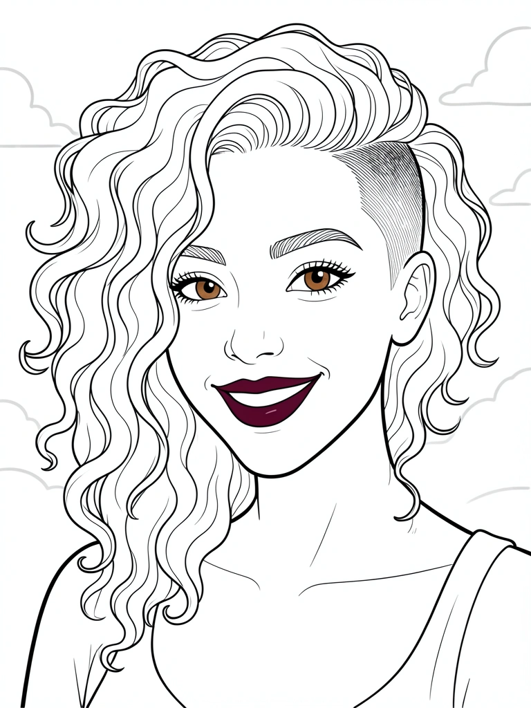 Mulher com cabelo cacheado volumoso e sidecut, delineado escuro e batom vinho, sorrindo em fundo branco, luz natural difusa.
