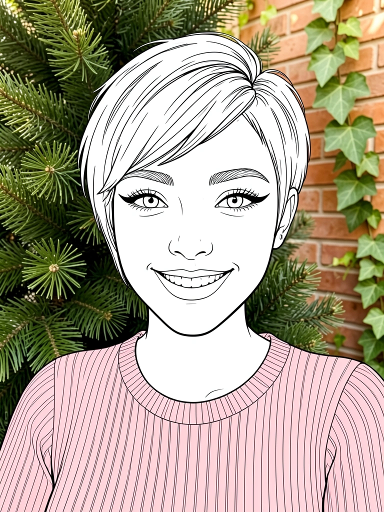Jovem de cabelo platinado curto com textura, sorrindo em primeiro plano, árvore de Natal e parede de tijolos com hera ao fundo, luz natural.