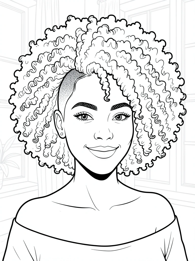 Desenho em preto e branco de jovem com cabelo afro volumoso e sidecut à esquerda, sorriso genuíno, ombreira do vestido à mostra, fundo claro e desfocado.