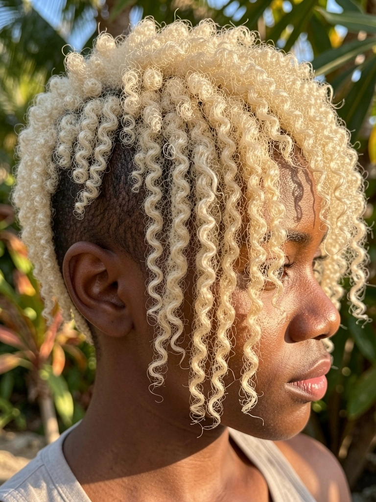 Cachos loiros claros volumosos em um corte undercut feminino, com divisão lateral definida, luz natural e fundo com folhas.