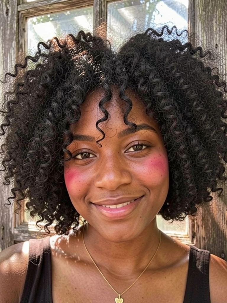 Jovem negra com cabelo cacheado volumoso curto, sorriso genuíno, colar de coração dourado, luz natural através de janela de madeira.