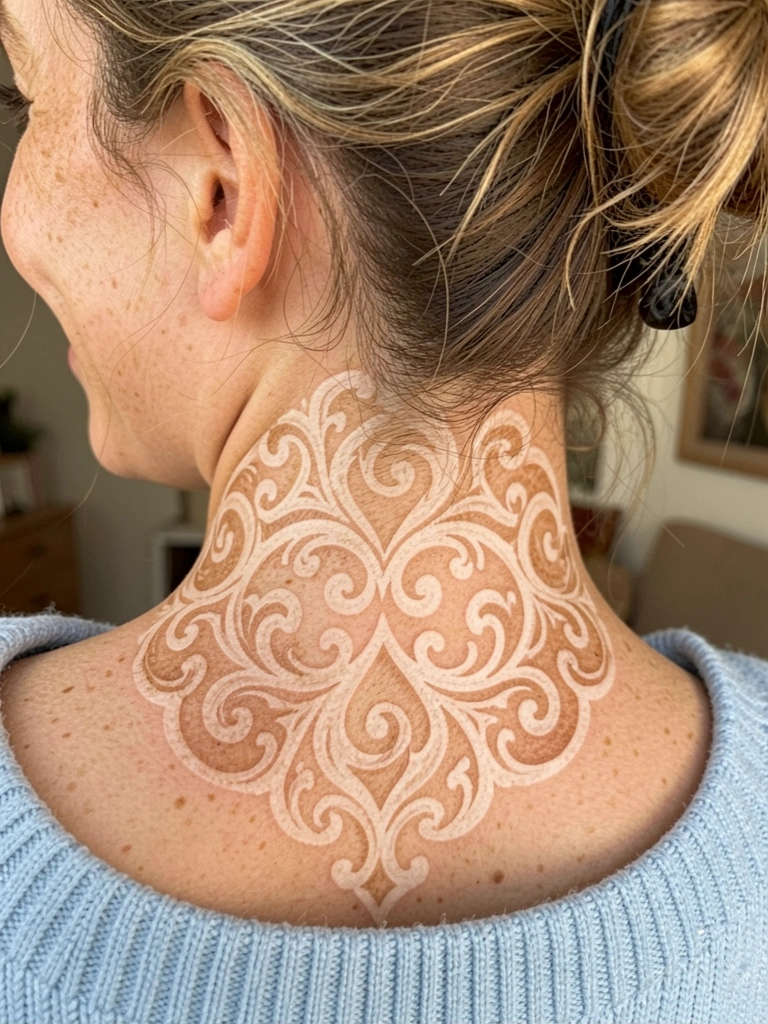 Close-up de mulher com cabelo preso em coque mostrando undercut com desenho geométrico intrincado em tons claros, pele com sardas e sorriso natural sob luz suave.