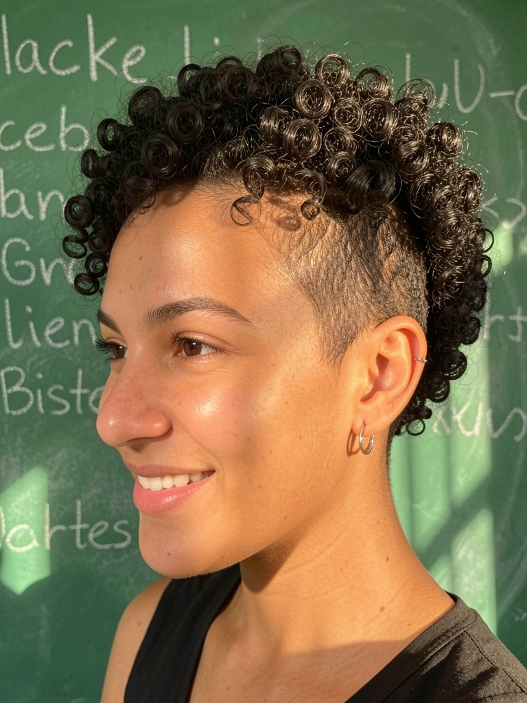 Jovem com cabelo crespo e undercut definido, sorrindo sob luz natural, com brincos de argola prateados e fundo de quadro-verde com escrita parcial.