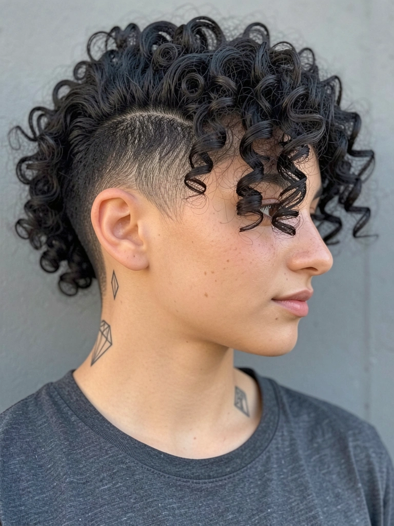 Jovem com cabelo cacheado escuro em undercut com topo texturizado, pele radiante com sardas, tatuagem geométrica preta no pescoço, camiseta cinza e fundo neutro.