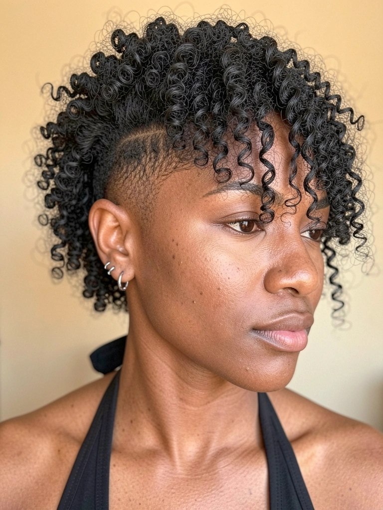 Retrato de perfil de mulher negra com cabelo crespo e undercut texturizado, brincos de prata e piercings faciais, iluminação natural suave sobre fundo bege desfocado.