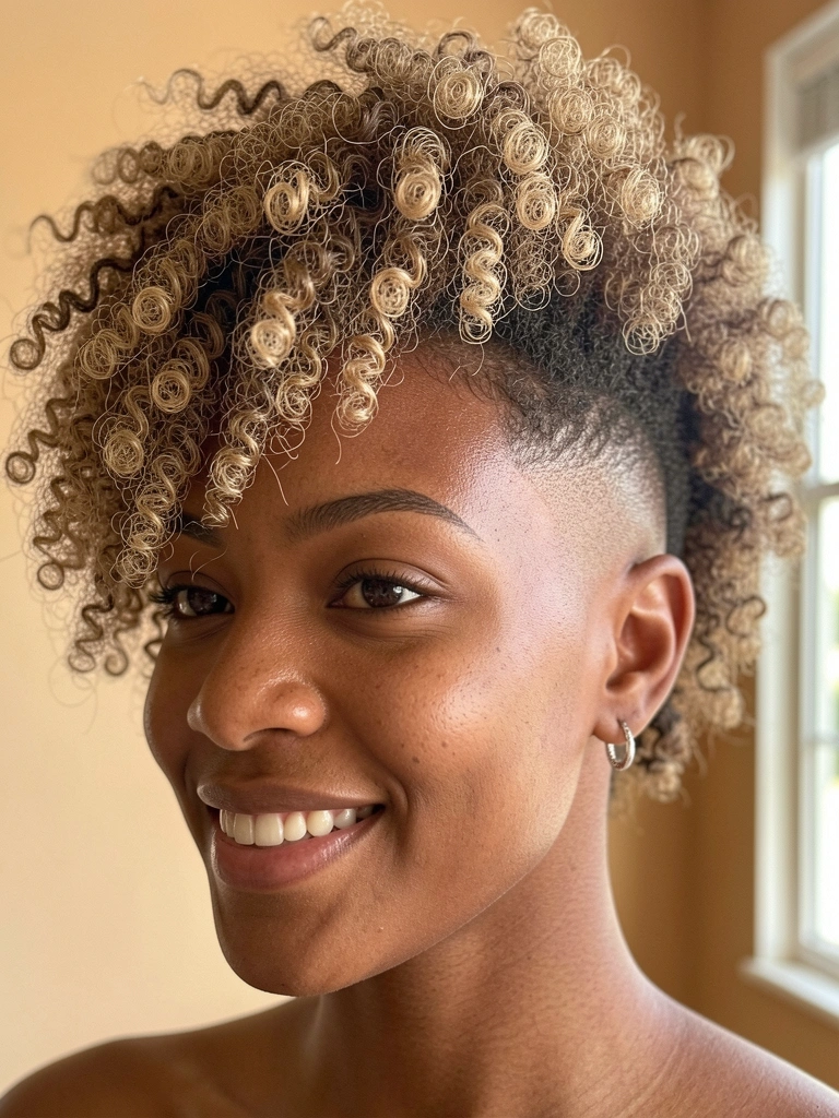 Jovem negra com cabelo cacheado volumoso e undercut, sorrindo com brinco de prata, luz natural suave e fundo desfocado.