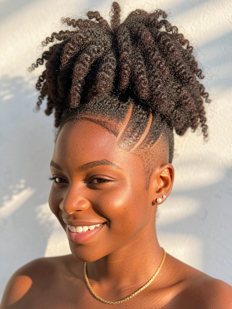 Jovem negra com cabelo afro volumoso preso em updo alto e desenho raspado diagonal, brincos de pérola, colar dourado, fundo de parede branca com luz natural.