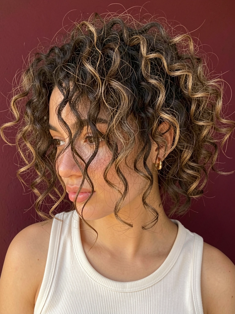 Jovem com cabelo crespo volumoso e undercut, top off-white e brinco de argola dourada, fundo vinho escuro e luz natural difusa.