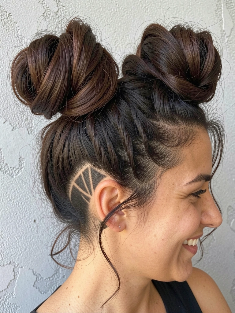 Cabelo castanho-escuro ondulado em dois coques volumosos com undercut geométrico em diamante na nuca, luz natural suave.