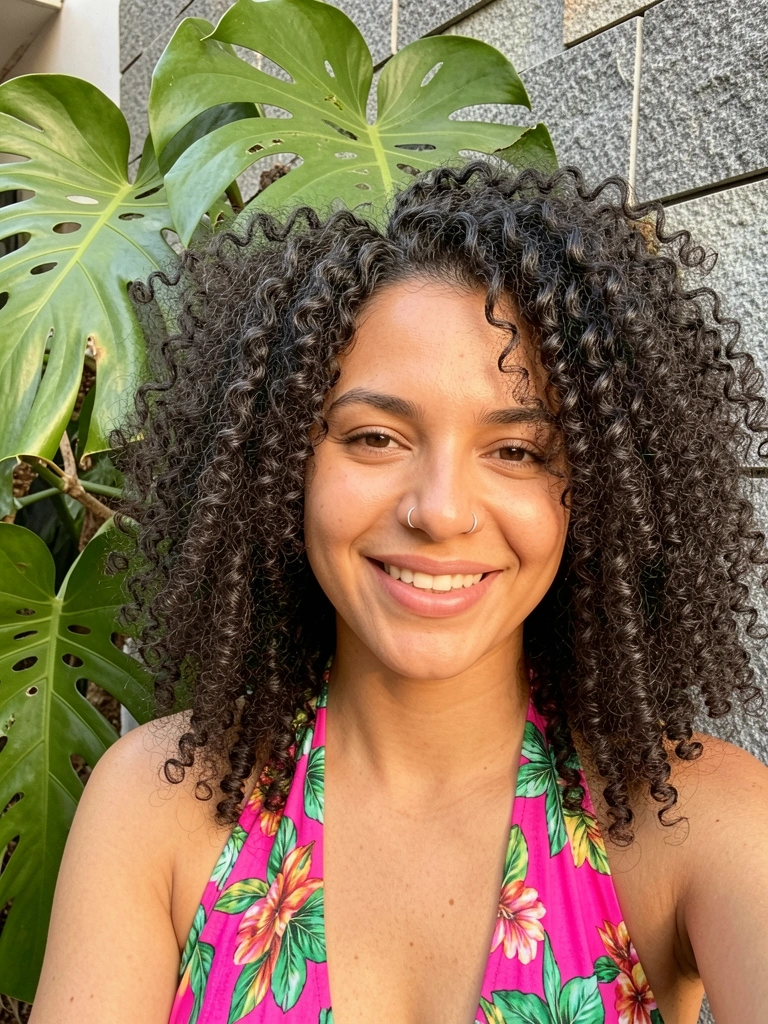 Mulher com cabelo cacheado volumoso e brinco de prata, usando top floral rosa e verde, fundo de parede cinza e folhas de Monstera, luz natural suave.