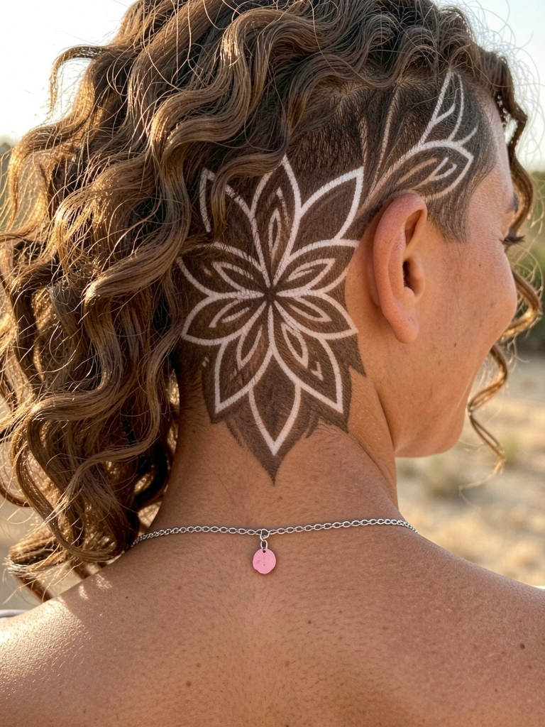 Close-up de nuca feminina com undercut geométrico simétrico em linhas brancas sobre base castanha, coroa de cabelos ondulados e colar de prata com pingente rosa, sob luz natural difusa.