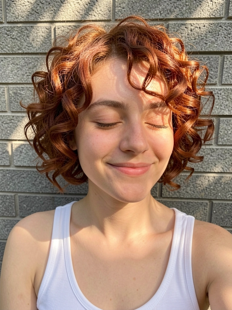 Luz natural incide em mulher de cabelo cacheado ruivo com undercut, sorriso sereno e camiseta branca, fundo de tijolos cinza.